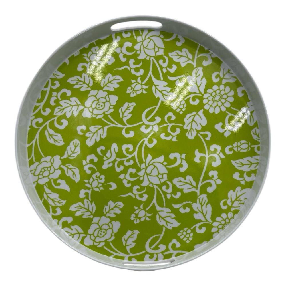 Vtg Precidio Melamine 13.5” Round Serving Tray Handles Lime Green White EUC